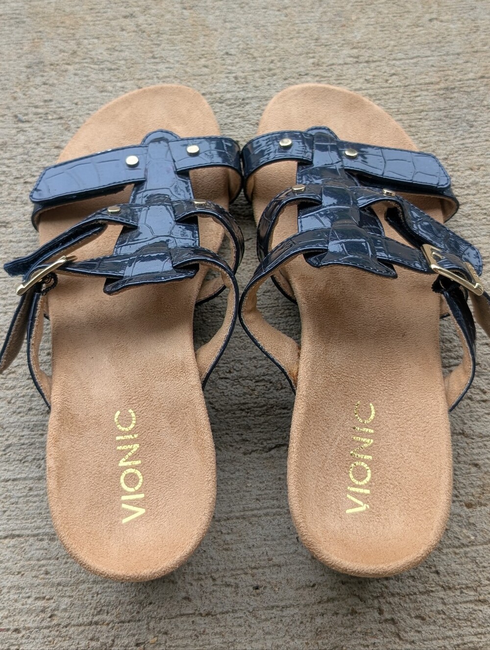 Vionic Radia Sandals Blue Patent Leather Womens Size 7 Adjustable 3 Strap Wedge